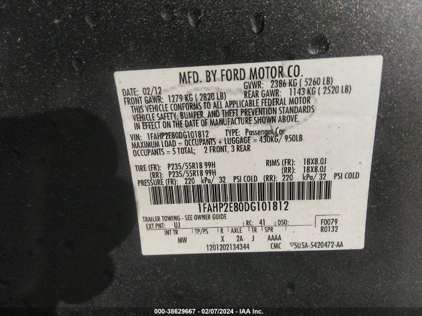 1FAHP2E80DG101812 2013 Ford Taurus Sel