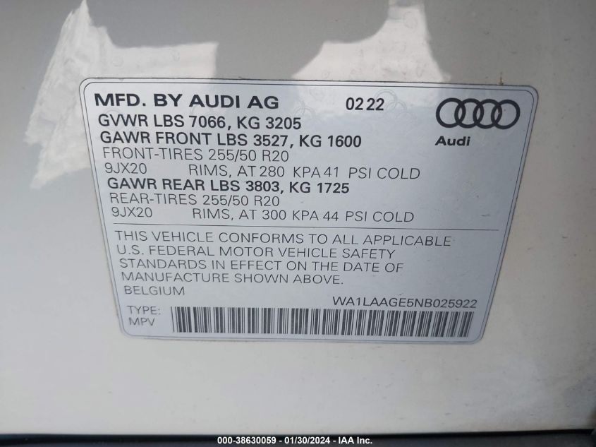 2022 Audi E-Tron Premium Plus Quattro VIN: WA1LAAGE5NB025922 Lot: 38630059