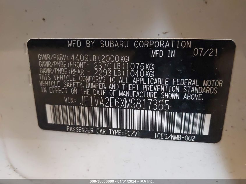 JF1VA2E6XM9817365 2021 Subaru Wrx Sti