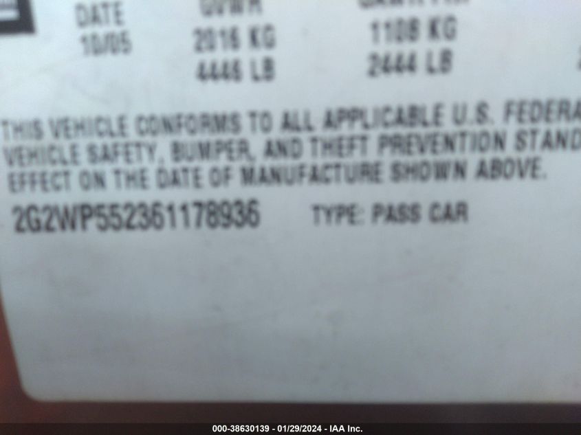 2006 Pontiac Grand Prix VIN: 2G2WP552361178936 Lot: 38630139