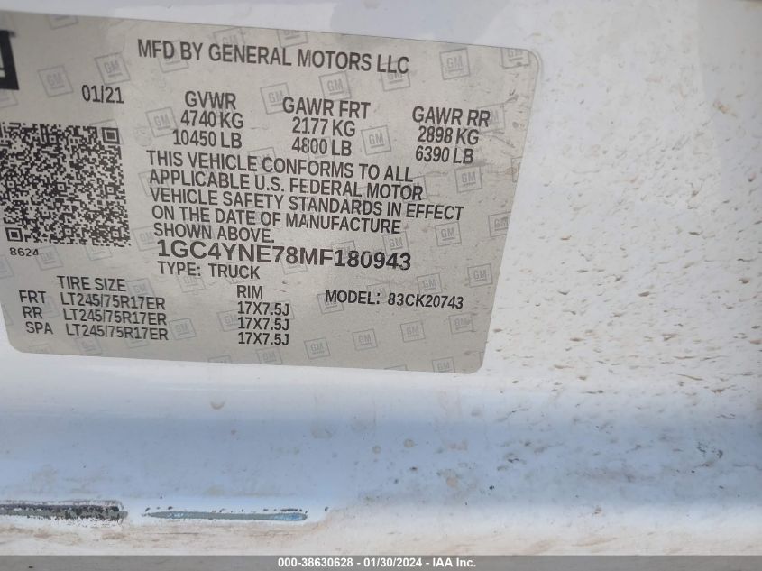 2021 Chevrolet Silverado 2500Hd 4Wd Standard Bed Lt VIN: 1GC4YNE78MF180943 Lot: 38630628
