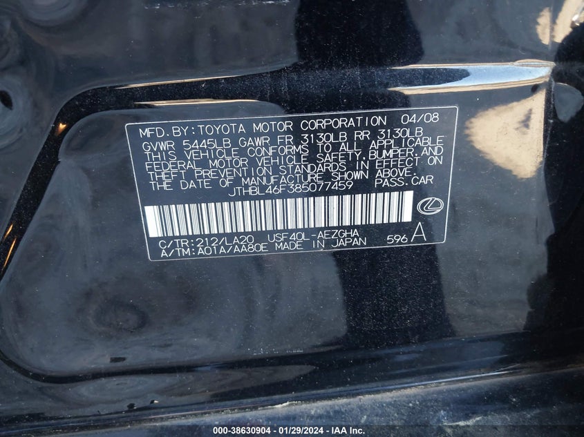 2008 LEXUS LS 460 VIN: JTHBL46F385077459