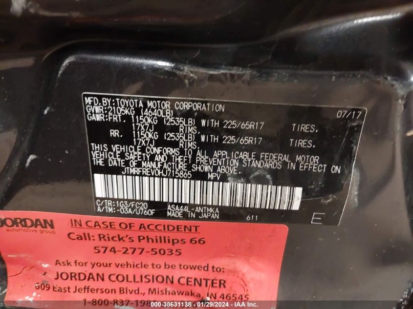 2017 Toyota Rav4 Xle VIN: JTMRFREV0HJ715865 Lot: 38631138