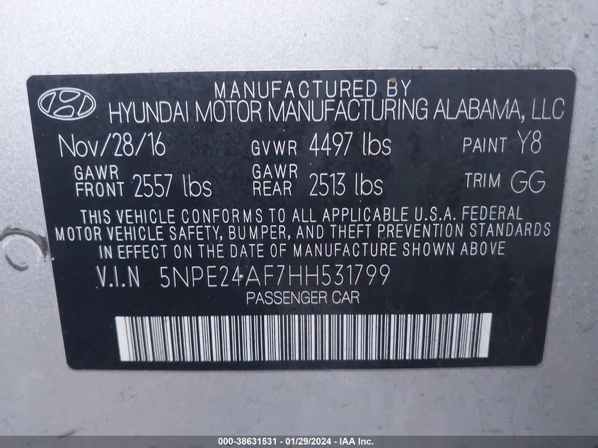 VIN 5NPE24AF7HH531799 2017 HYUNDAI SONATA