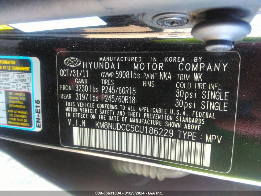 2012 Hyundai Veracruz Limited VIN: KM8NUDCC5CU186229 Lot: 38631804