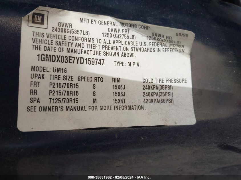 1GMDX03E7YD159747 2000 Pontiac Montana M16