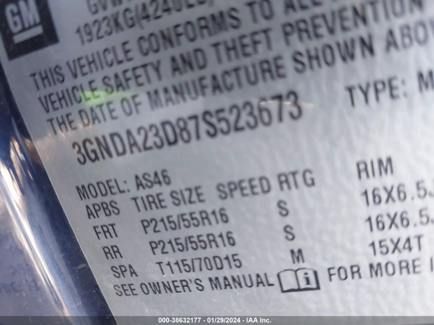 2007 Chevrolet Hhr Lt VIN: 3GNDA23D87S523673 Lot: 38632177