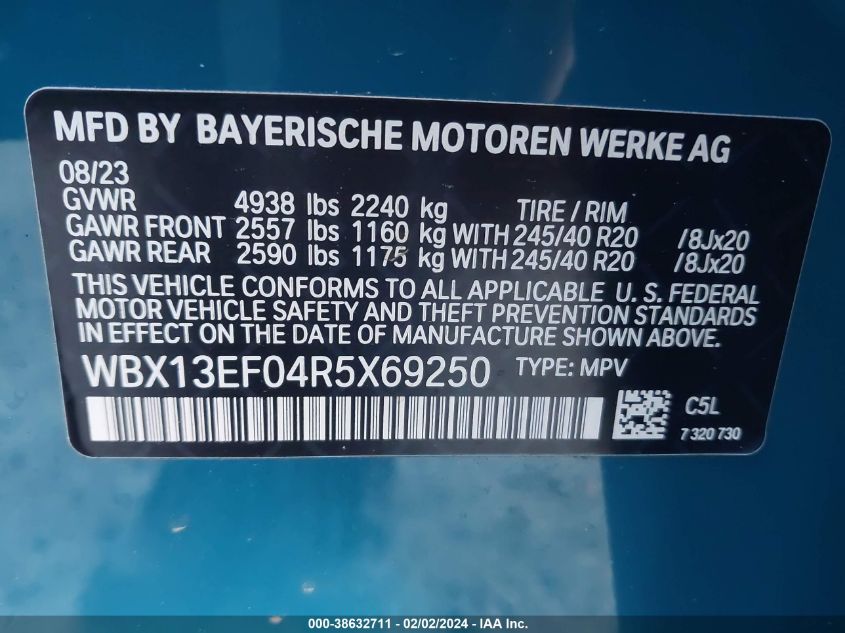 2024 BMW X1 M35I VIN: WBX13EF04R5X69250 Lot: 38632711