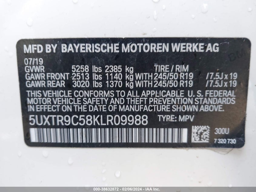 VIN 5UXTR9C58KLR09988 2019 BMW X3 XDRIVE30I