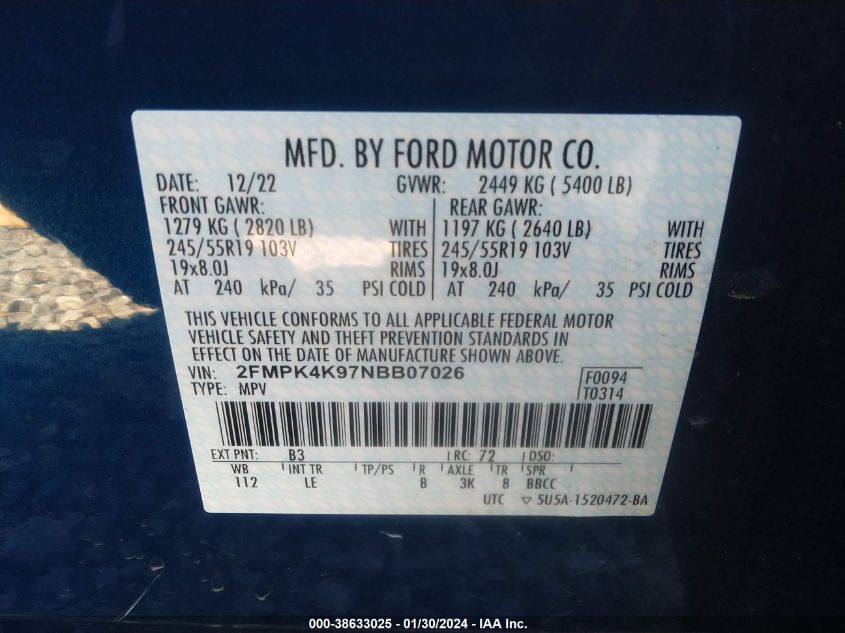 2FMPK4K97NBB07026 2022 FORD EDGE, photo no. 9