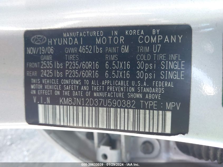 KM8JN12D37U590382 2007 Hyundai Tucson Limited/Se