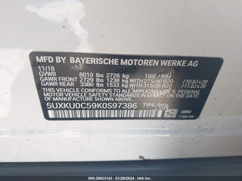 VIN 5UXKU0C59K0S97386 2019 BMW X6, Sdrive35I no.9