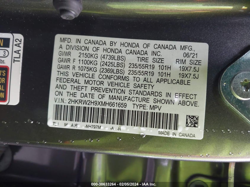 2021 HONDA CR-V TOURING - 2HKRW2H9XMH661659