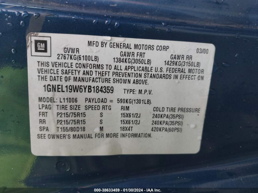 2000 Chevrolet Astro VIN: 1GNEL19W6YB184359 Lot: 38633459