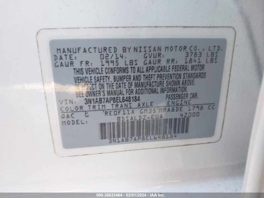 2014 Nissan Sentra Fe+ S/Fe+ Sv/S/Sl/Sr/Sv VIN: 3N1AB7AP8EL648184 Lot: 38633464