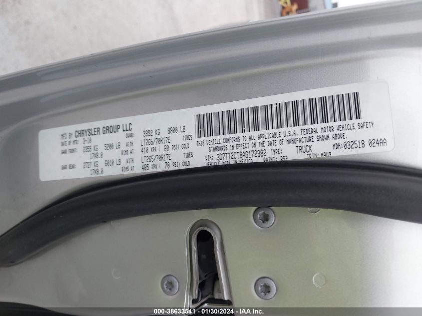 2010 Dodge Ram 2500 VIN: 3D7TT2CT8AG172382 Lot: 38633541