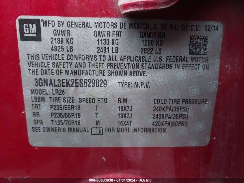 2014 CHEVROLET CAPTIVA SPORT LT 3GNAL3EK2ES629029