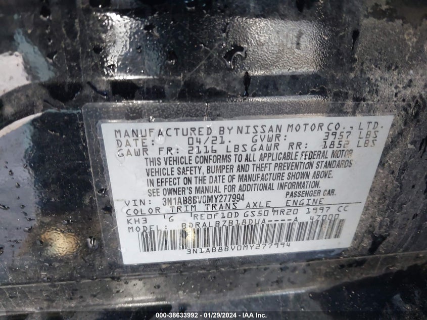 VIN 3N1AB8BV0MY277994 2021 NISSAN SENTRA S XTRONIC CVT