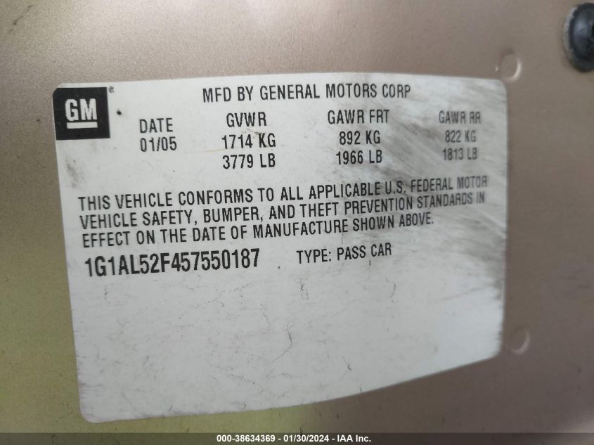 2005 Chevrolet Cobalt Ls VIN: 1G1AL52F457550187 Lot: 38634369