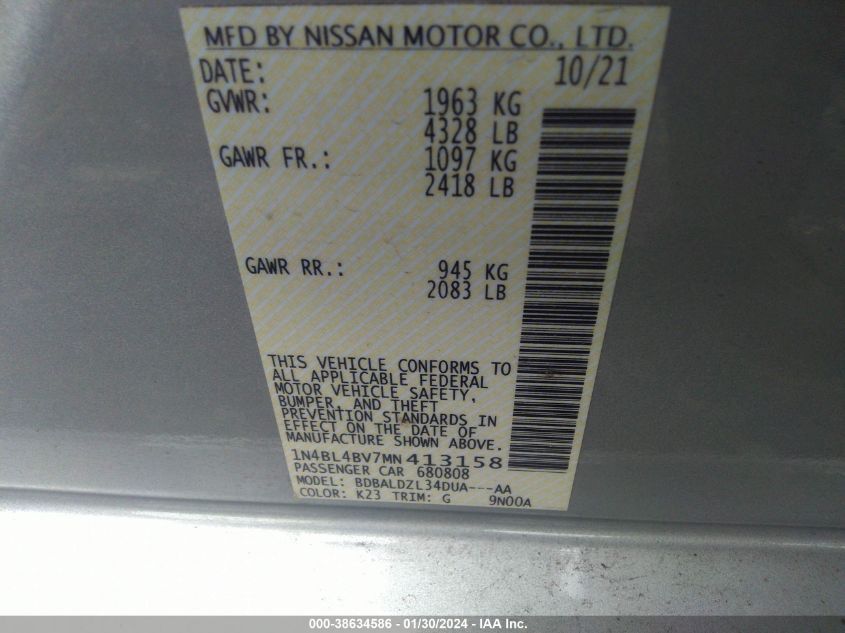 2021 Nissan Altima S Fwd VIN: 1N4BL4BV7MN413158 Lot: 38634586