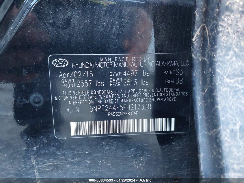 2015 HYUNDAI SONATA VIN: 5NPE24AF5FH217338