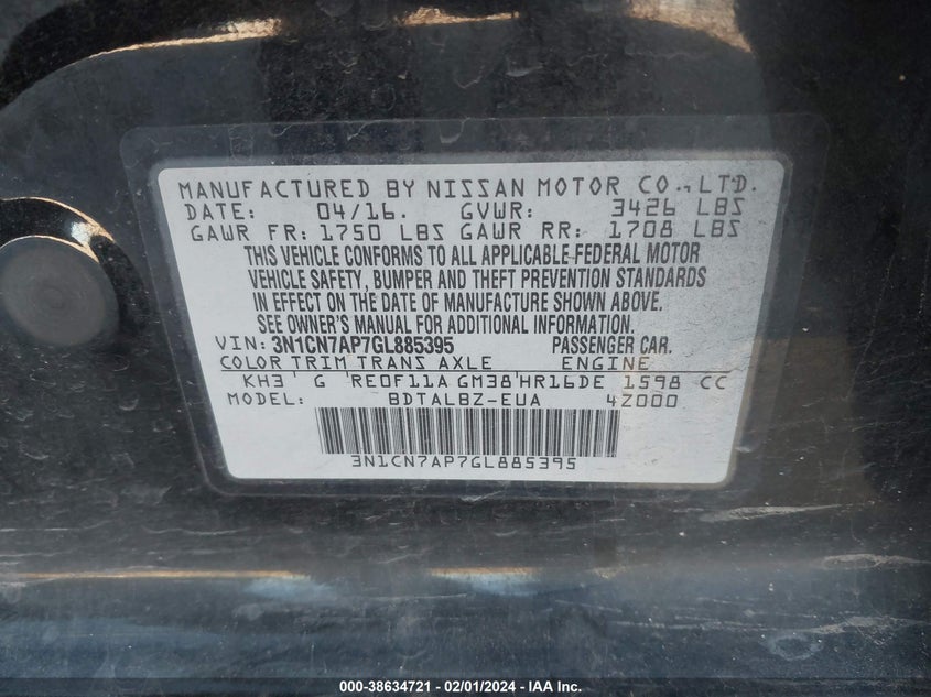 2016 NISSAN VERSA VIN: 3N1CN7AP7GL885395