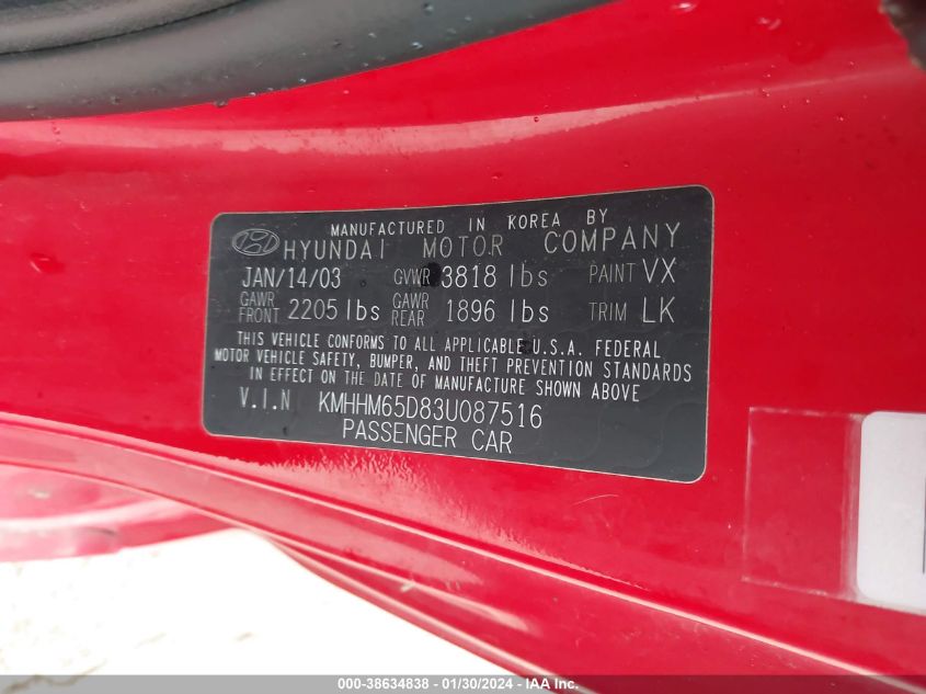 2003 Hyundai Tiburon VIN: KMHHM65D83U087516 Lot: 38634838