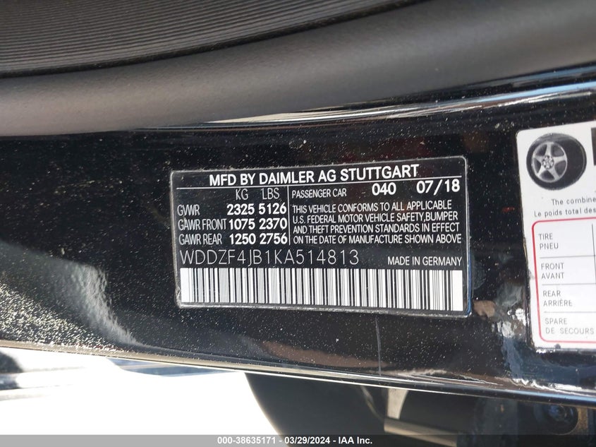 2019 MERCEDES-BENZ E-CLASS E 300 VIN: WDDZF4JB1KA514813