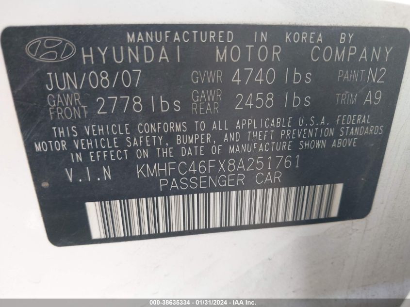 2008 Hyundai Azera Limited VIN: KMHFC46FX8A251761 Lot: 38635334