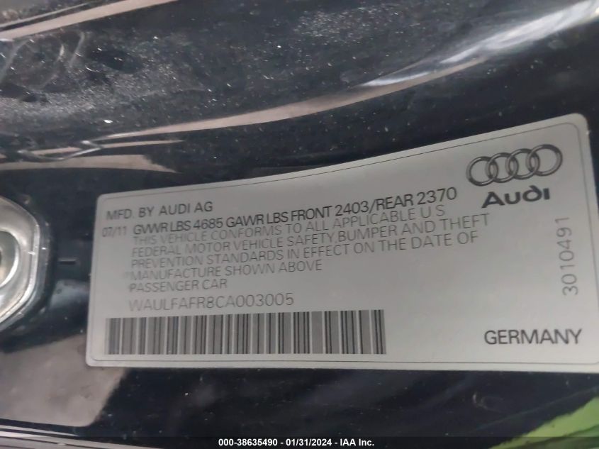 2012 Audi A5 2.0T Premium Plus VIN: WAULFAFR8CA003005 Lot: 38635490