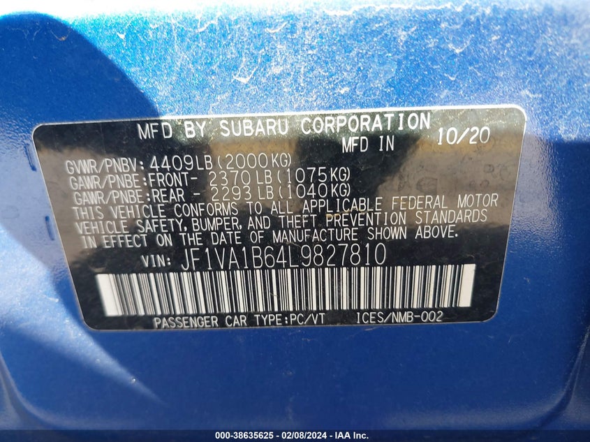 2020 SUBARU WRX PREMIUM - JF1VA1B64L9827810