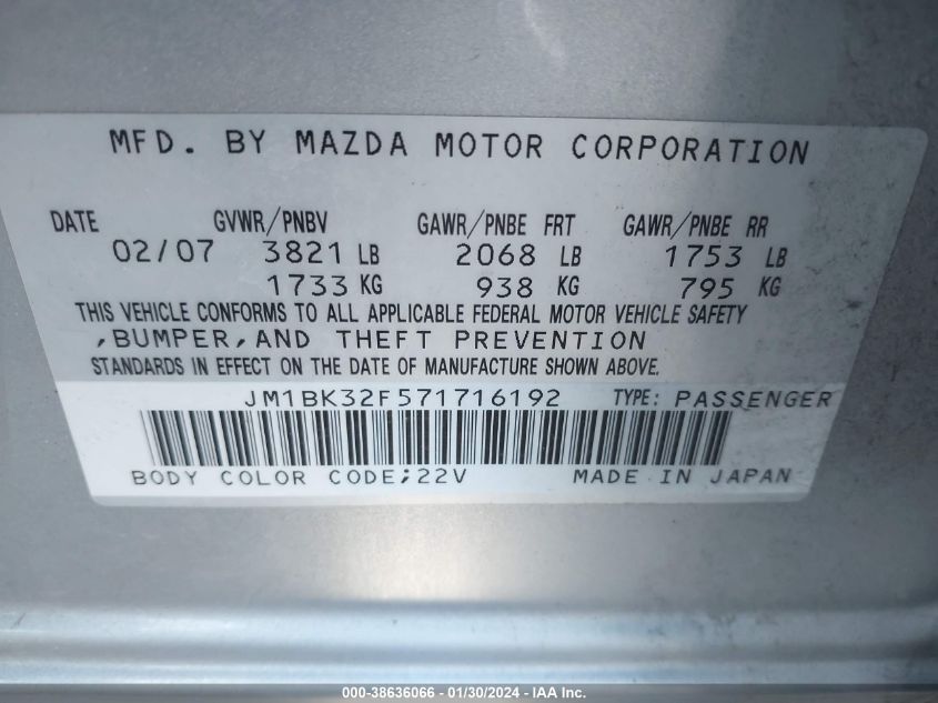 2007 Mazda 3 I VIN: JM1BK32S571716192 Lot: 38636066