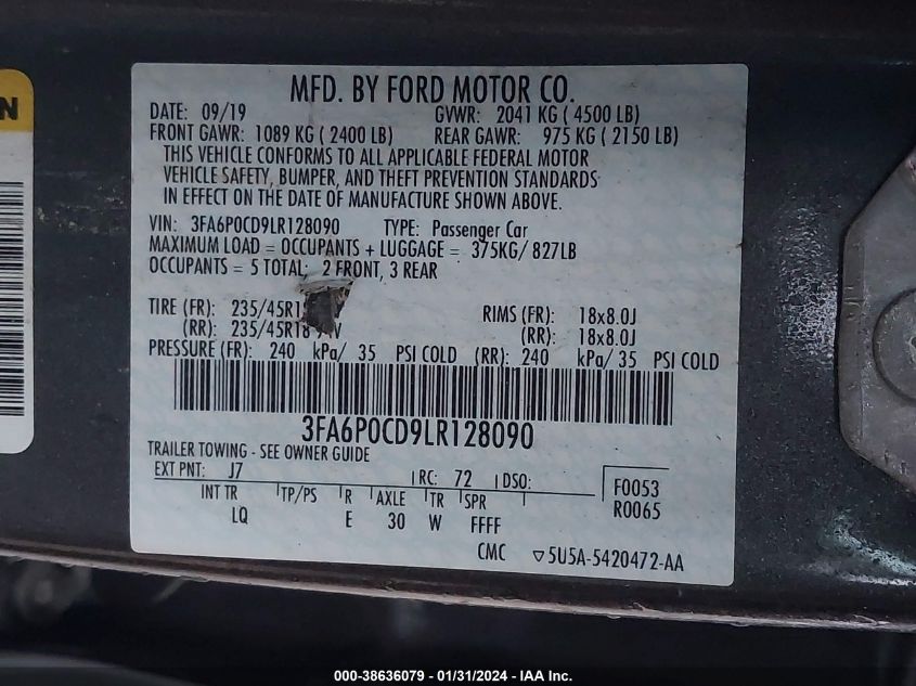 2020 Ford Fusion Sel VIN: 3FA6P0CD9LR128090 Lot: 38636079