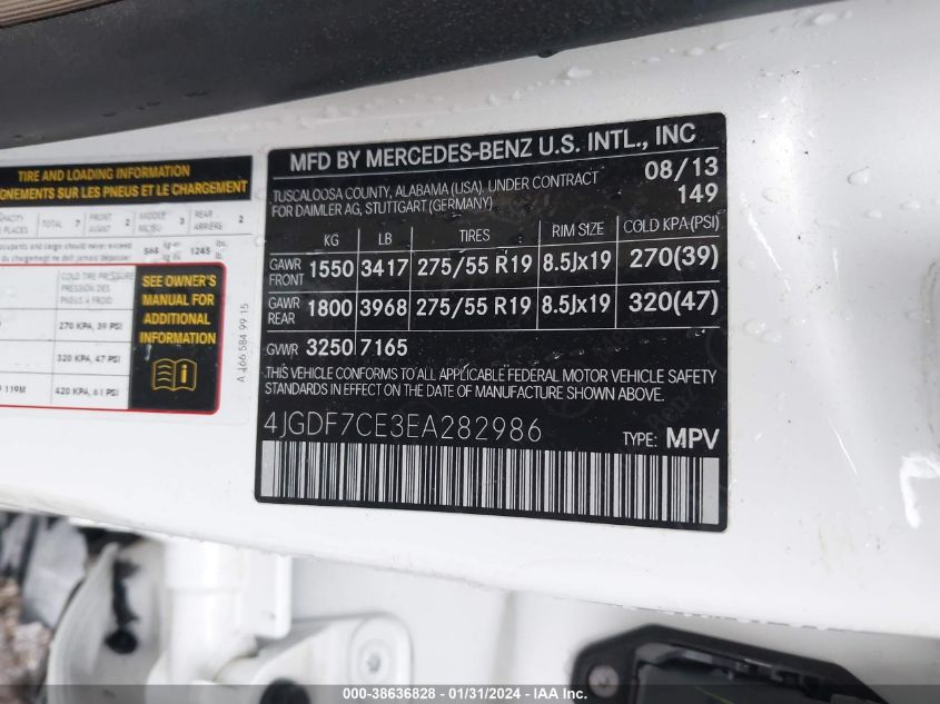 2014 Mercedes-Benz Gl 450 4Matic VIN: 4JGDF7CE3EA282986 Lot: 38636828