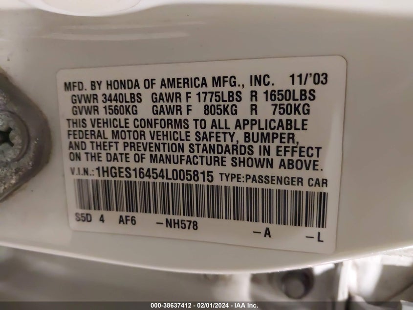 2004 Honda Civic Vp VIN: 1HGES16454L005815 Lot: 38637412