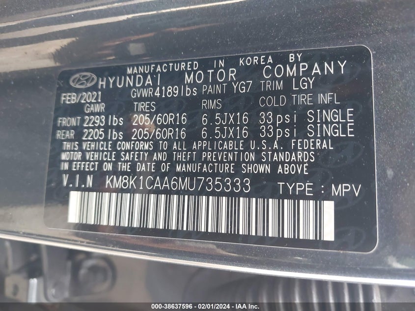 VIN KM8K1CAA6MU735333 2021 HYUNDAI KONA SE