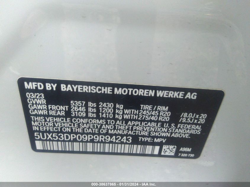 2023 BMW X3 xDrive30I VIN: 5UX53DP09P9R94243 Lot: 38637865