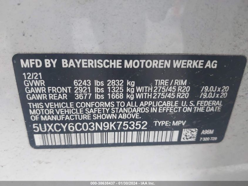 VIN 5UXCY6C03N9K75352 2022 BMW X6, Xdrive40I no.9