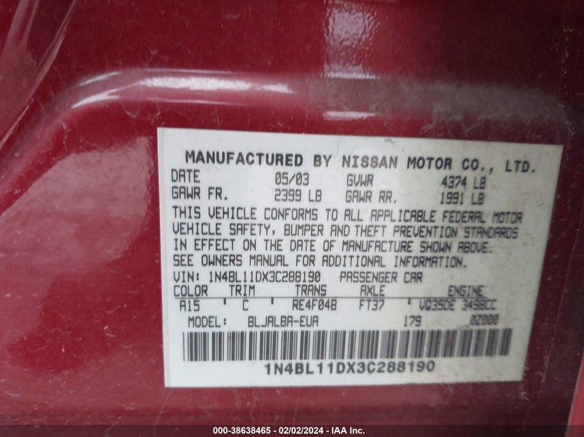 2003 Nissan Altima Se VIN: 1N4BL11DX3C288190 Lot: 38638465