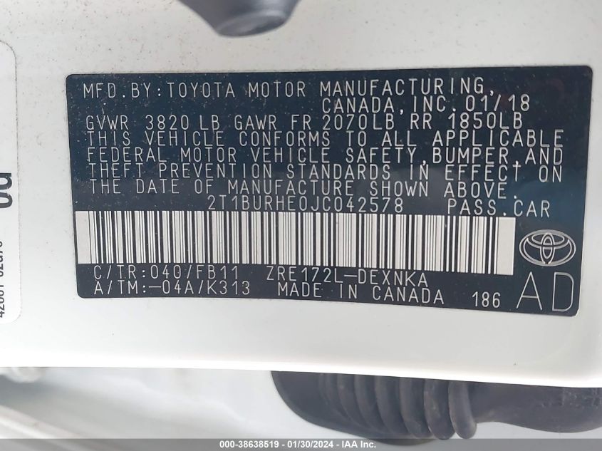 2T1BURHE0JC042578 2018 Toyota Corolla Le