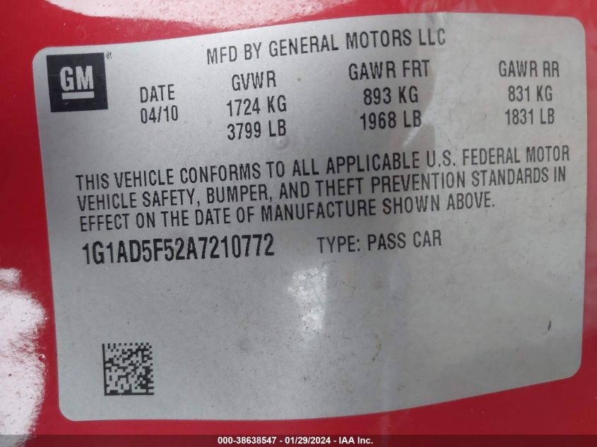 2010 Chevrolet Cobalt Lt VIN: 1G1AD5F52A7210772 Lot: 38638547