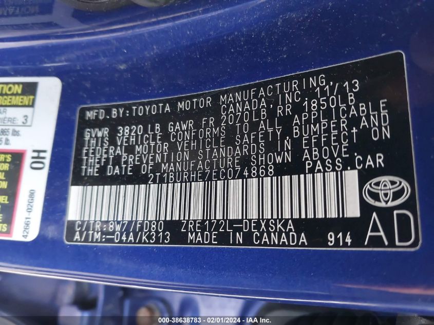 2T1BURHE7EC074868 2014 Toyota Corolla S Plus