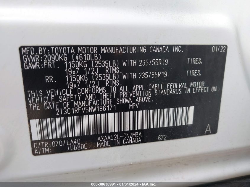 VIN 2T3C1RFV5NW186171 2022 TOYOTA RAV4 no.9