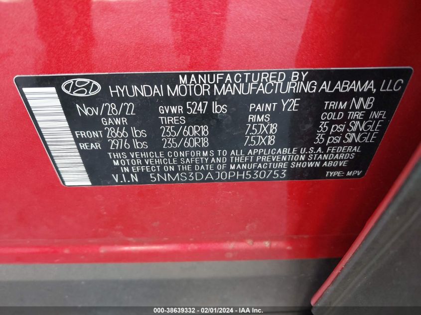 5NMS3DAJ0PH530753 2023 Hyundai Santa Fe Sel