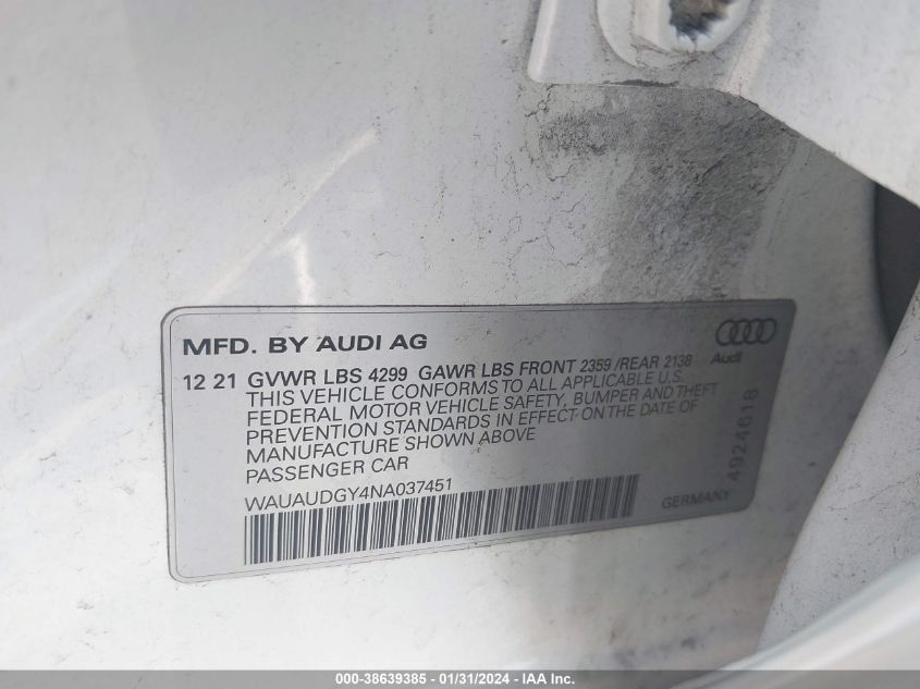 2022 Audi A3 Premium 40 Tfsi Front-Wheel Drive S Tronic VIN: WAUAUDGY4NA037451 Lot: 38639385