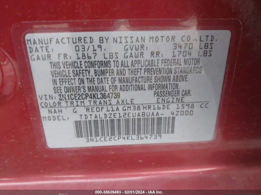 VIN 3N1CE2CP4KL364739 2019 NISSAN VERSA NOTE SV