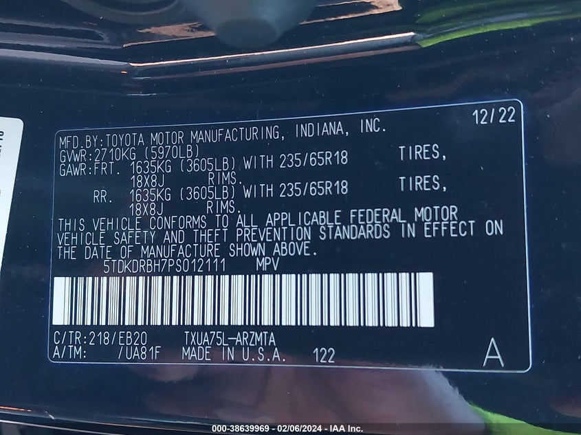 2023 TOYOTA HIGHLANDER VIN: 5TDKDRBH7PS012111