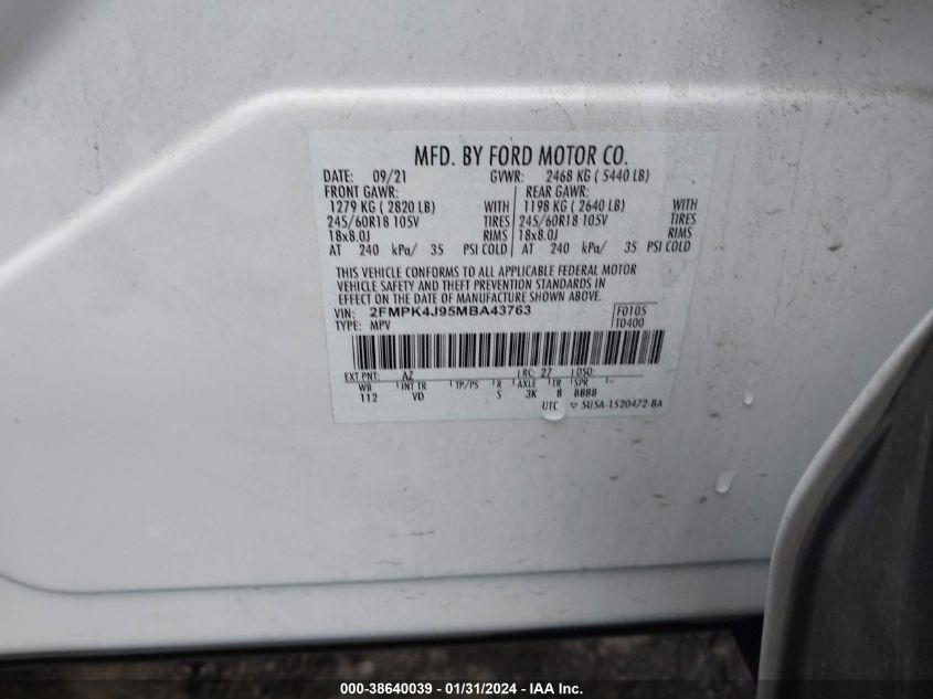 2FMPK4J95MBA43763 2021 FORD EDGE, photo no. 9