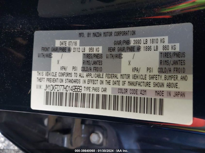 2017 Mazda Cx-3 Grand Touring VIN: JM1DKFD77H0149569 Lot: 38640068