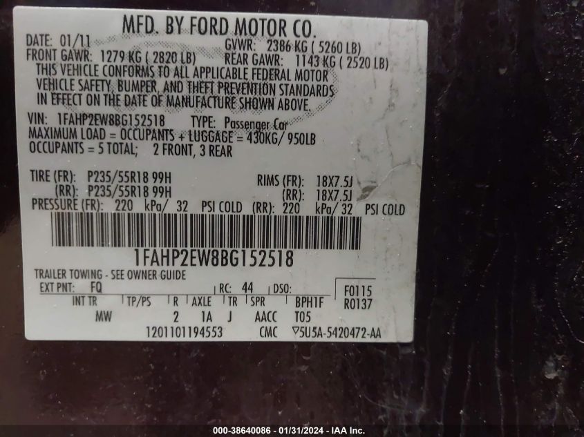 2011 Ford Taurus Sel VIN: 1FAHP2EW8BG152518 Lot: 42297976